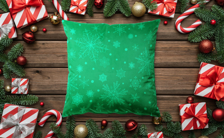 Decorative Velor Pillow Dancing snowflakes - festive motif on a green background 148513 additionalImage 2