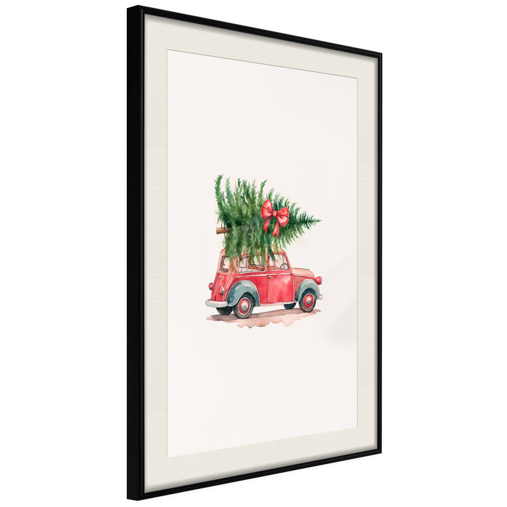 Muur Posters Christmas Transport - Watercolor Red Car With A Christmas Tree On The Roof