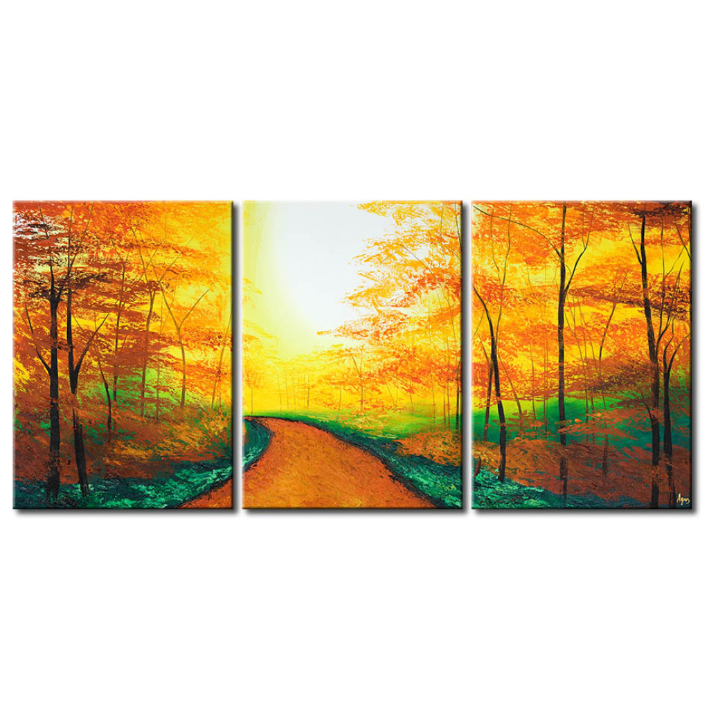 Schilderij  Bos: Pad Door Het Bos (3-delig) - Natuur In De Herfst Met Bomen En Bladeren