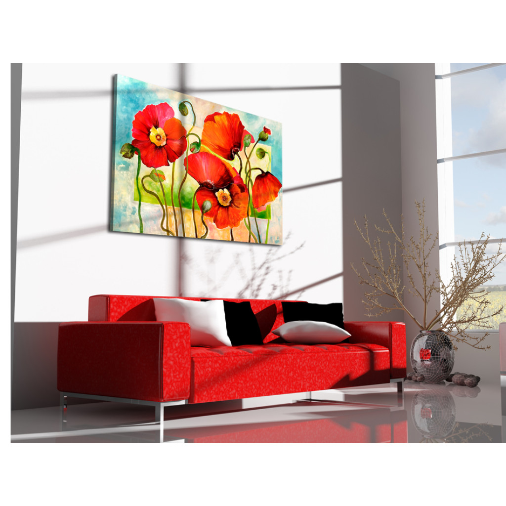 Schilderij  Klaprozen: Vrolijke Bloeiende Rode Klaprozen (1-delig) - Kleurrijk Bloemenmotief