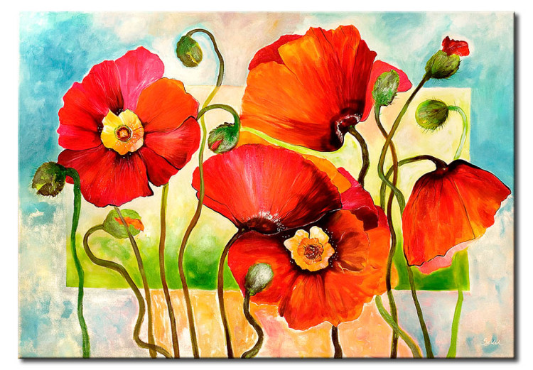 Tableau moderne Joyeux coquelicots rouges en fleurs (1 pièce) - Motif coloré de fleurs 46713