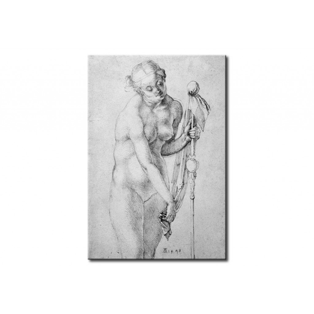 Schilderij  Albrecht Dürer: Nude Woman With A Banner