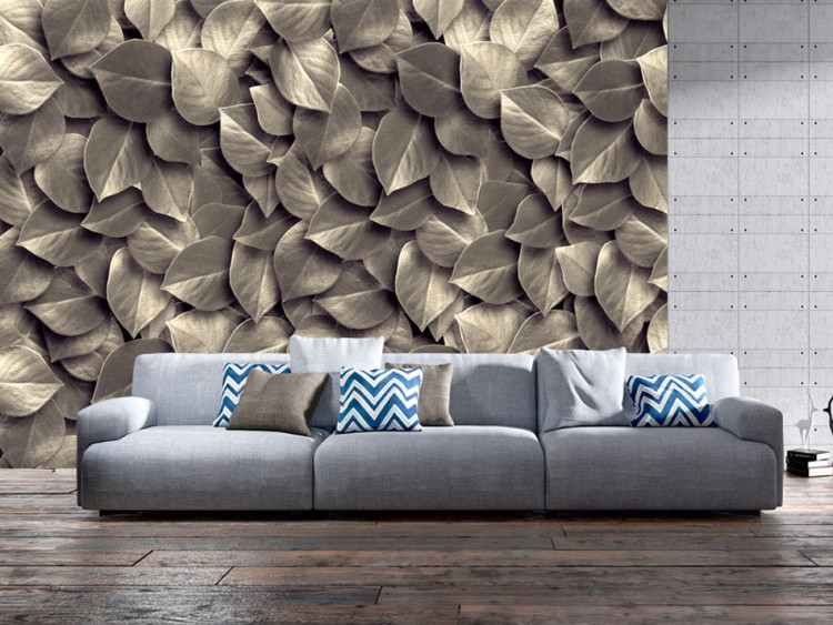 Mural de parede Abstração de Natureza - fundo uniforme em padrão de folhas de prata caídas