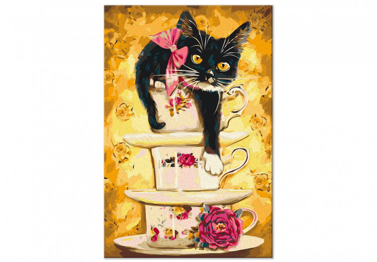 Obraz do malowania po numerach Herbaciany kociak - filiżanki do herbaty w kwiaty i róża  144523 additionalImage 5