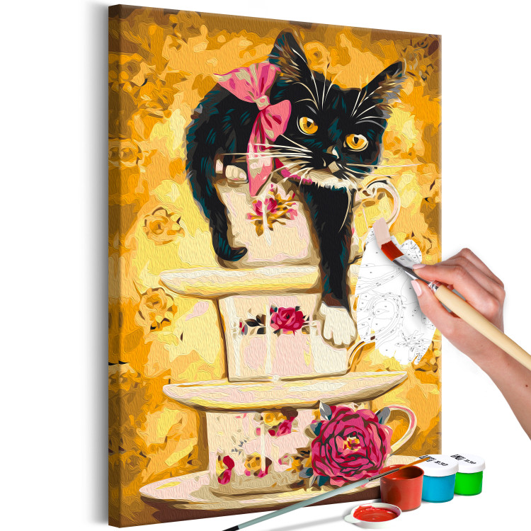 Obraz do malowania po numerach Herbaciany kociak - filiżanki do herbaty w kwiaty i róża  144523 additionalImage 4