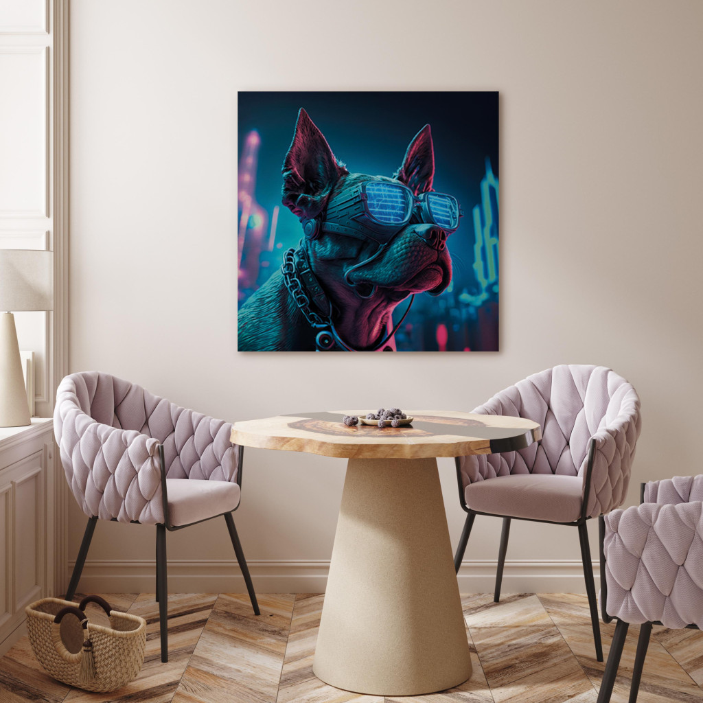 Canvastavla AI Dog Boston Terrier - Blue Animal In Glowing Glasses On City Neon Background - Square