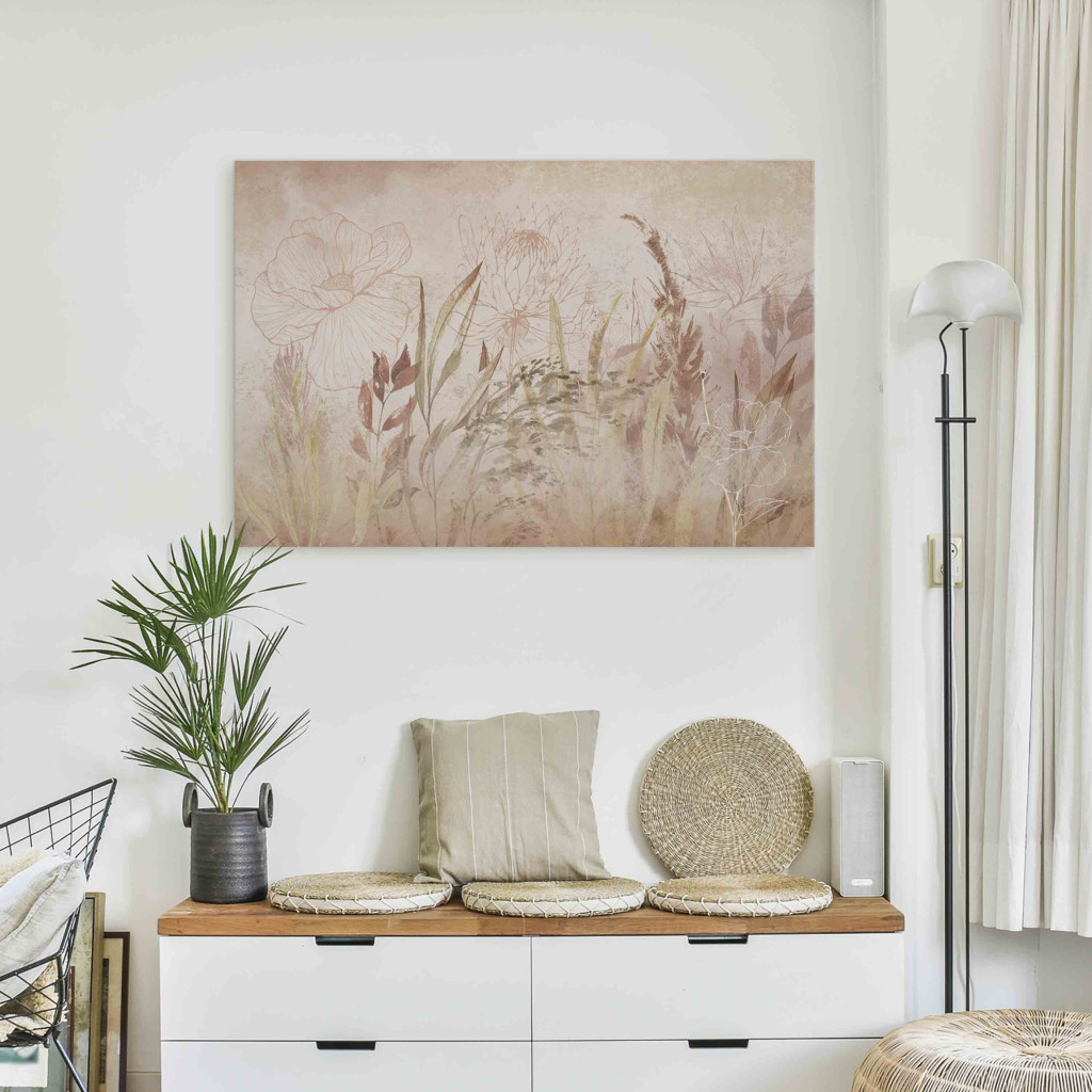 Schilderij  Weide: Boho Style Garden - Airy Flowers, Plants And Grass In Beiges And Pinks