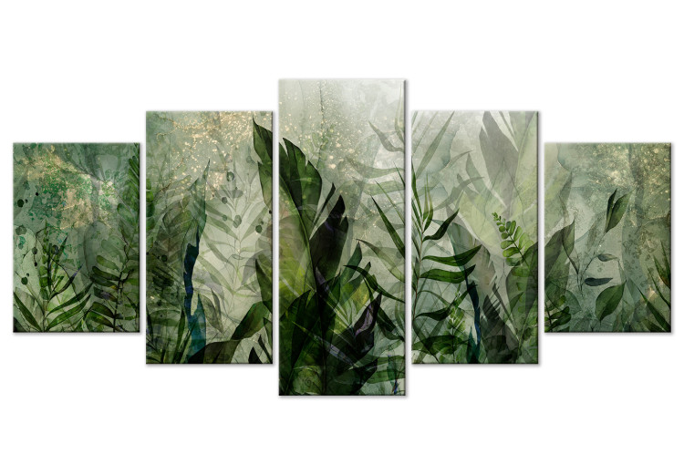 Quadro su tela Tropical Leaves - Plants in Dew Against a Background of Greenery in the Mist