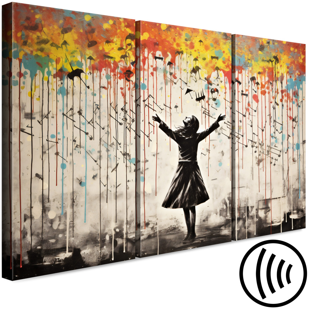 Quadro Singing In The Rain - Colorful Graffiti With A Woman In The Style Of Banksy