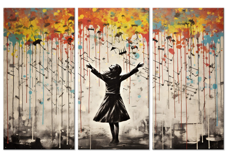 Tableau mural Singing in the Rain - Colorful Graffiti With a Woman in the  Style of Banksy - Banksy et street art - Tableaux
