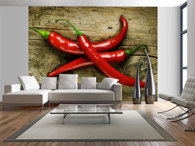 Mural Temperos picantes - pimentas chili com caules em uma tábua de madeira 59823