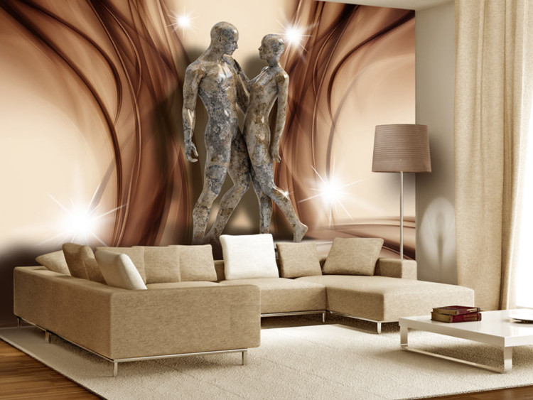 Wall Mural Stone Couple - Sculpture of two figures on a delicate background with a glow