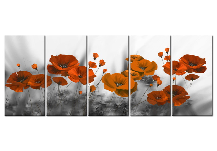 Canvastavla Vallmo på en grå äng - röda blommor som växer i grå jord