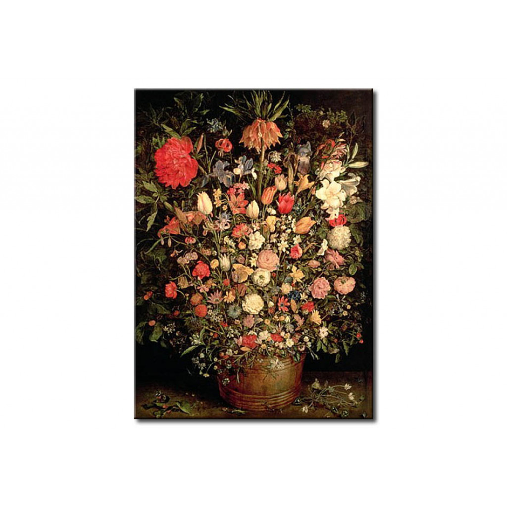 Schilderij  Jan Brueghel De Oudere: Large Bouquet Of Flowers In A Wooden Tub