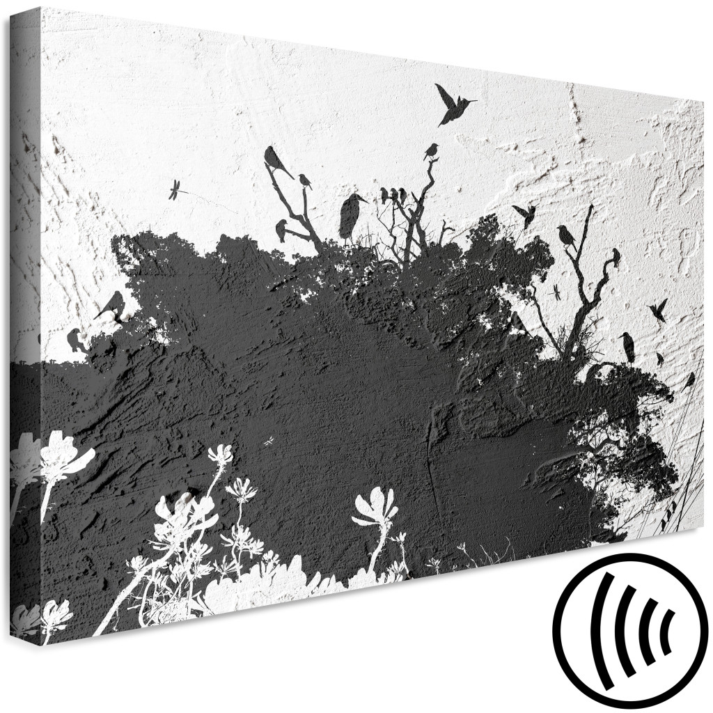 Pintura Em Tela Refúgio De Pássaros (1 Peça) - Sombra De Uma Árvore Em Um Fundo De Textura Preto E Branco