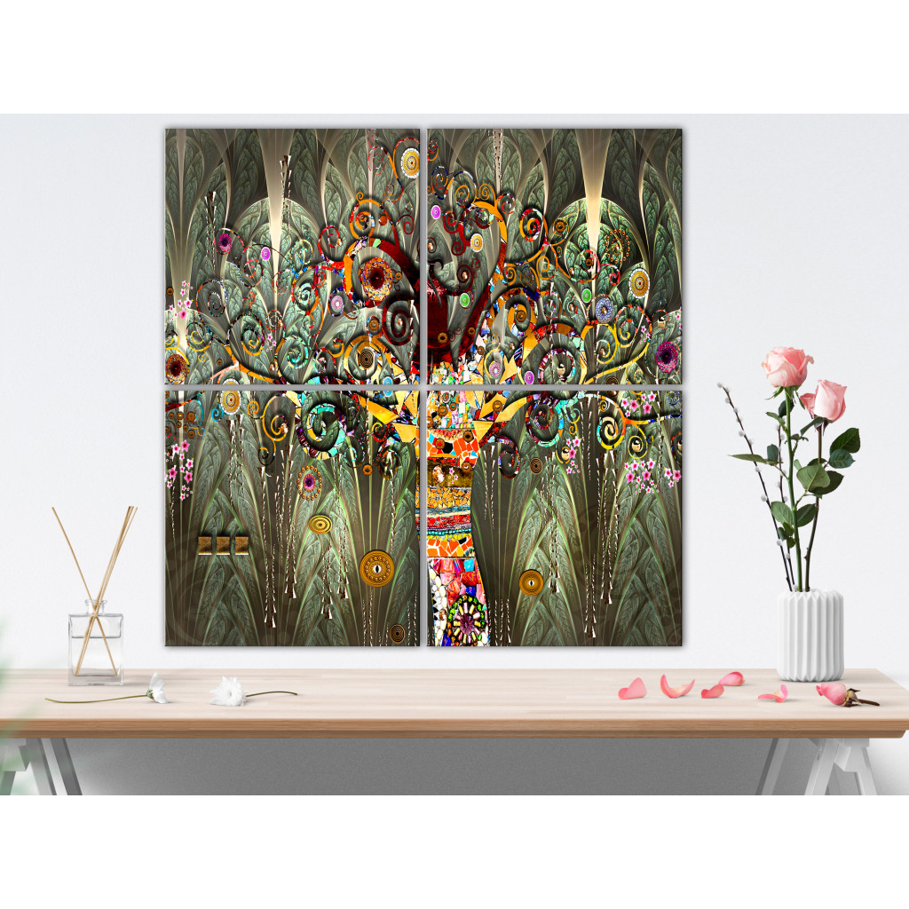 Schilderij  Gekleurde: Kleurrijke Boom Met Patronen (4-delig) - Spiralen Van Gustav Klimt