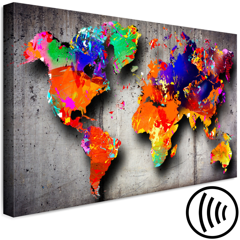 Schilderij  Kaarten Van De Wereld: Kleurenkaart - Veelkleurige Continenten Op Een Grijze Achtergrond