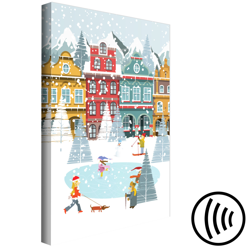 Schilderij  Steden En Dorpen: Winter Town - Ice Rink And Tenement Houses In A Festive Atmosphere