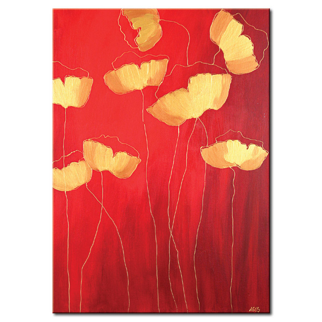 Obraz Maki W Czerwieni (1-częściowy) - Abstrakcja Z Zarysem Złotych Kwiatów