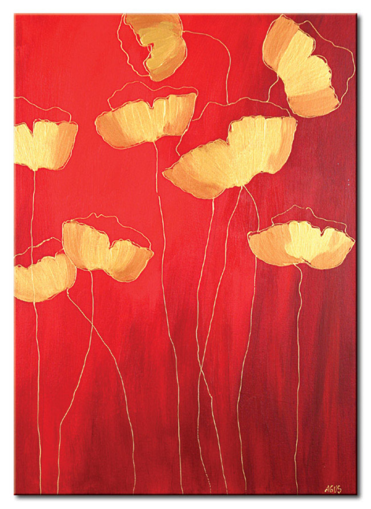Cuadro Amapolas en rojo (1 pieza) - abstracción y contorno de flores doradas 48533
