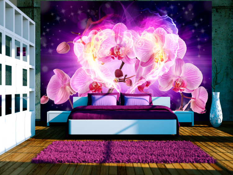 Wall Mural Orchids in Flames - Heart-shaped Flowers on an Abstract Background 60633