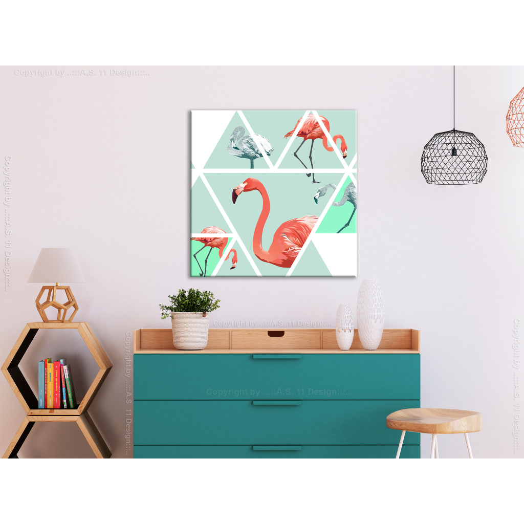 Schilderij  Vogels: Vogels In Pasteltinten (1-delig) - Kleurrijke Flamingo's In Figuren