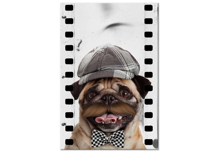 Obraz na płótnie Pies z wąsem, muszką i kaszkietem - grafika z psem, w stylu vintage