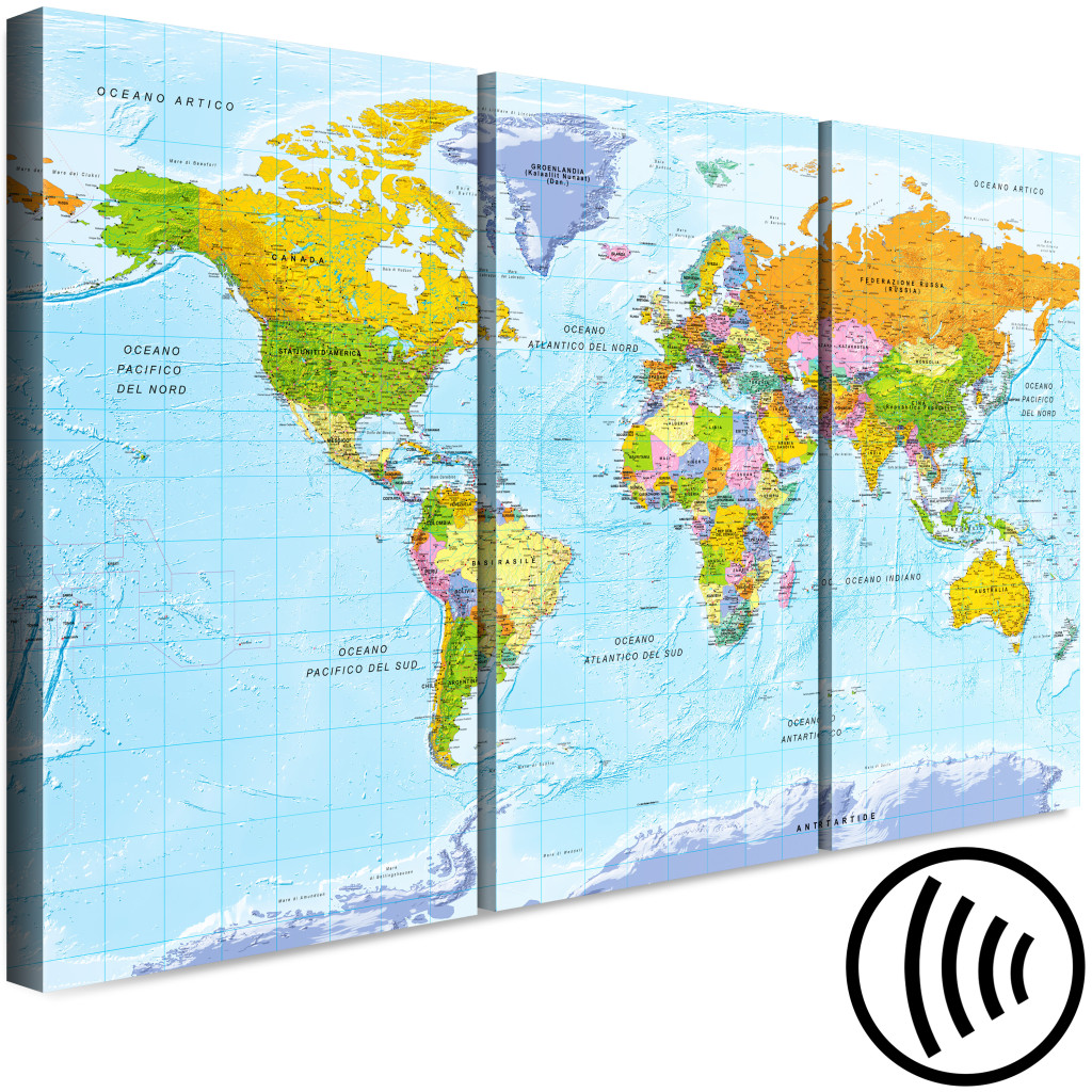 Schilderij  Kaarten Van De Wereld: Wereldkaart In Het Italiaans (3-delig) - Kleurrijke Continenten Met Italiaanse Teksten