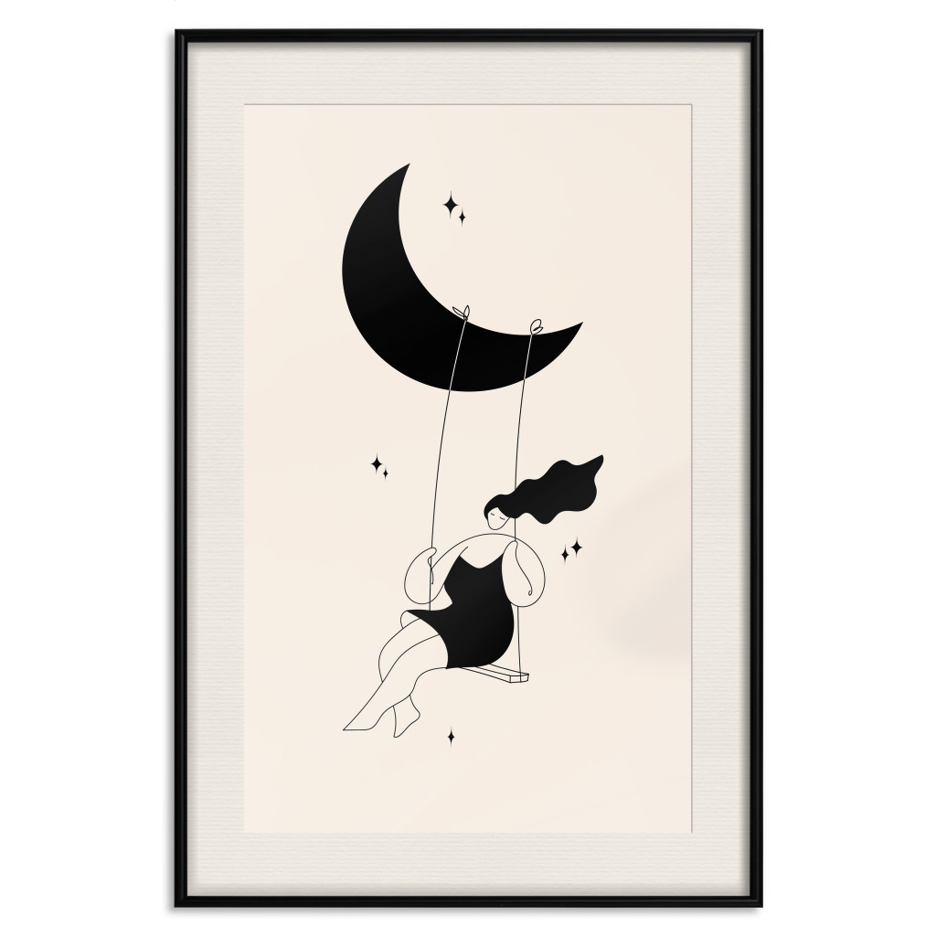 Muur Posters Fun - Girl Swinging On The Moon Surrounded By Stars