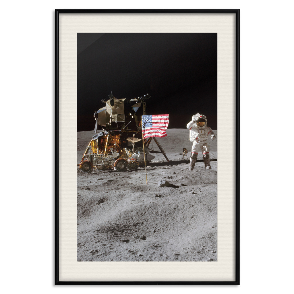 Muur Posters Moon Landing - Photo Of The Ship, Astronaut And Flag In Space