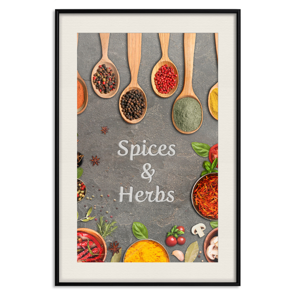 Poster Decorativo Culinary Essentials - Colorful Composition Of Herbs And Vegetables On A Stone Slab