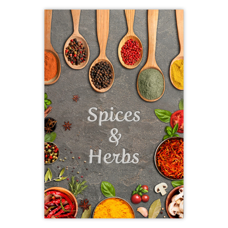 Poster Culinary Essentials - Colorful Composition of Herbs and Vegetables on a Stone Slab 149243