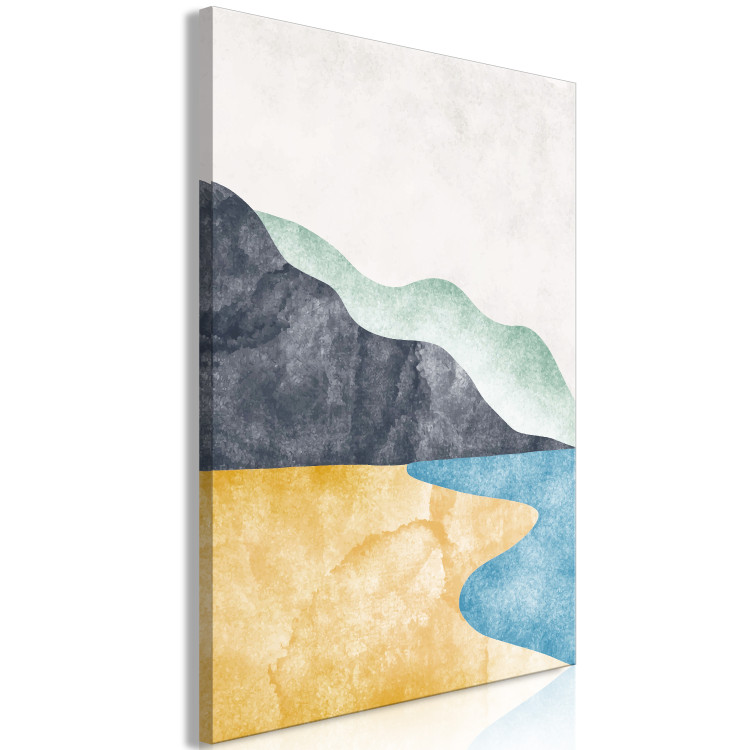 Obraz Abstrakcyjny pejzaż - plaża, góry i ocean na tle jasnoszarego nieba 149743 additionalImage 2