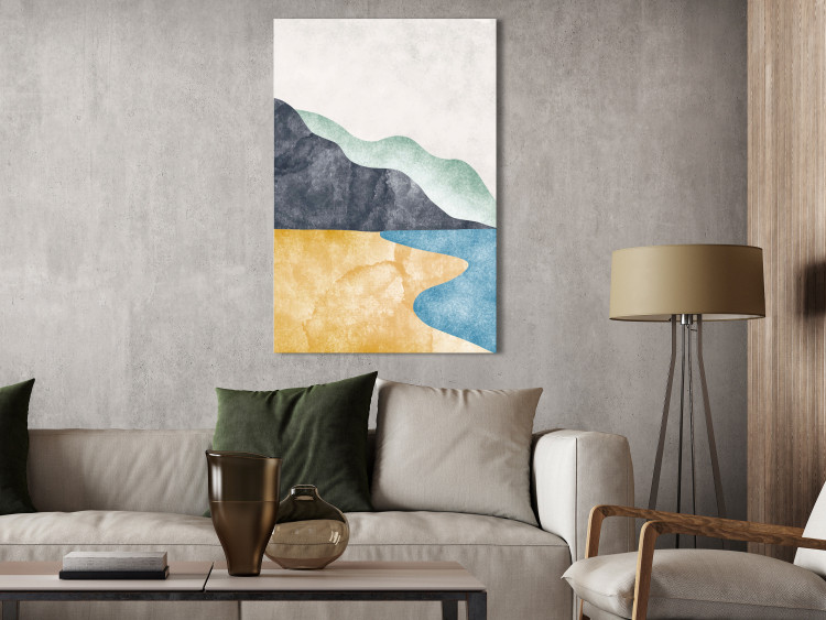Obraz Abstrakcyjny pejzaż - plaża, góry i ocean na tle jasnoszarego nieba 149743 additionalImage 3