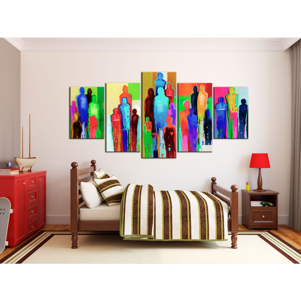 Schilderij  Gekleurde: Menigte En Hart (5-delig) - Kleurrijke Abstractie Met Verschillende Figuren