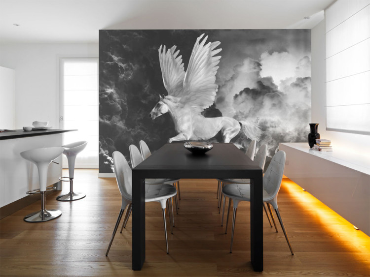 Foto Tapete Mythologische Fantasie - schwarz-weißer Hengst mit Flügeln in Wolken 59743