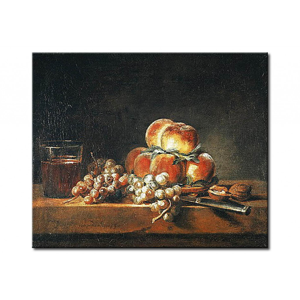 Schilderij  Jean-Baptiste-Siméon Chardin: Still Life Of Peaches, Nuts, Grapes And A Glass Of Wine