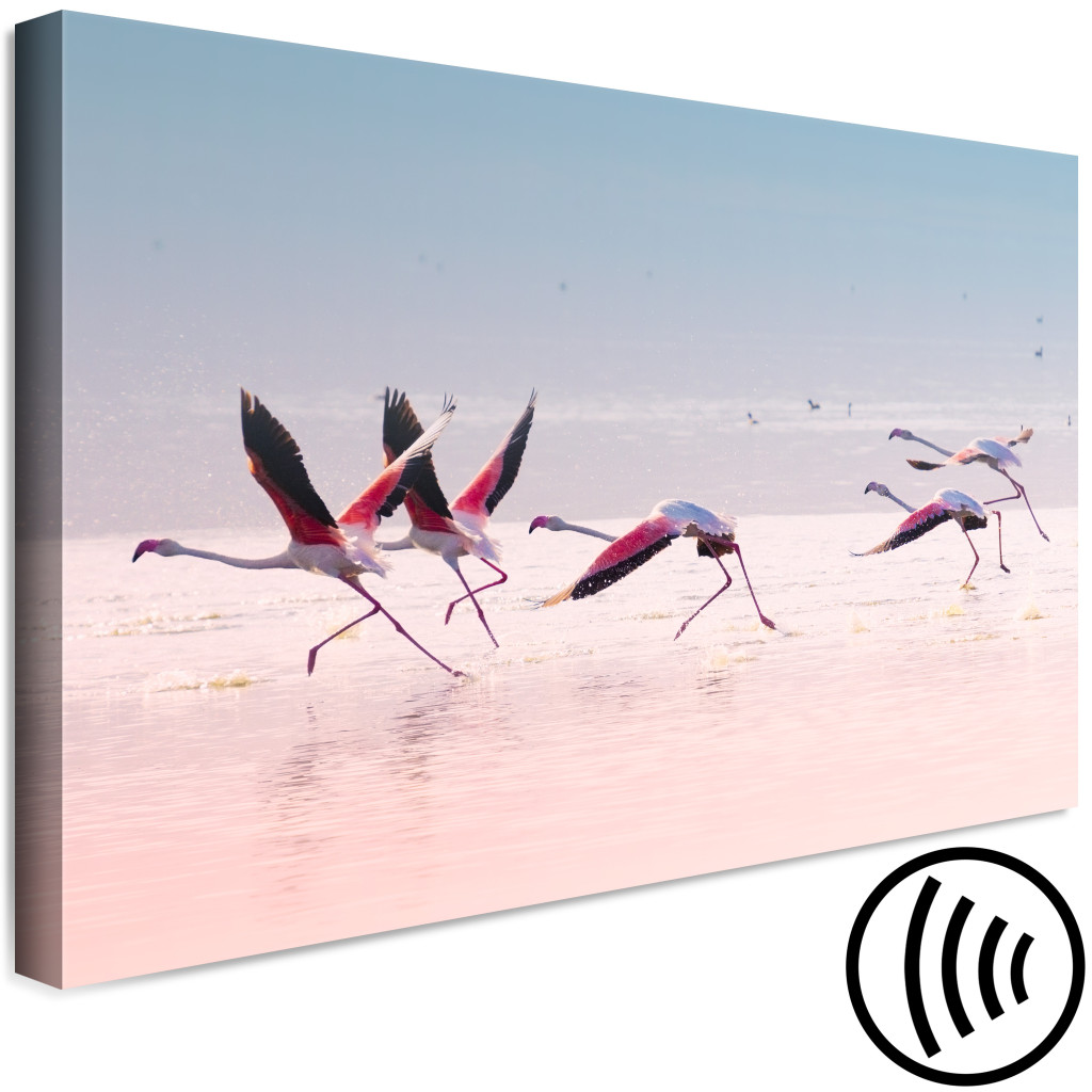Canvastavla Fåglar För Avfärd (1-del) - Flamingos Mot Vattenbakgrund
