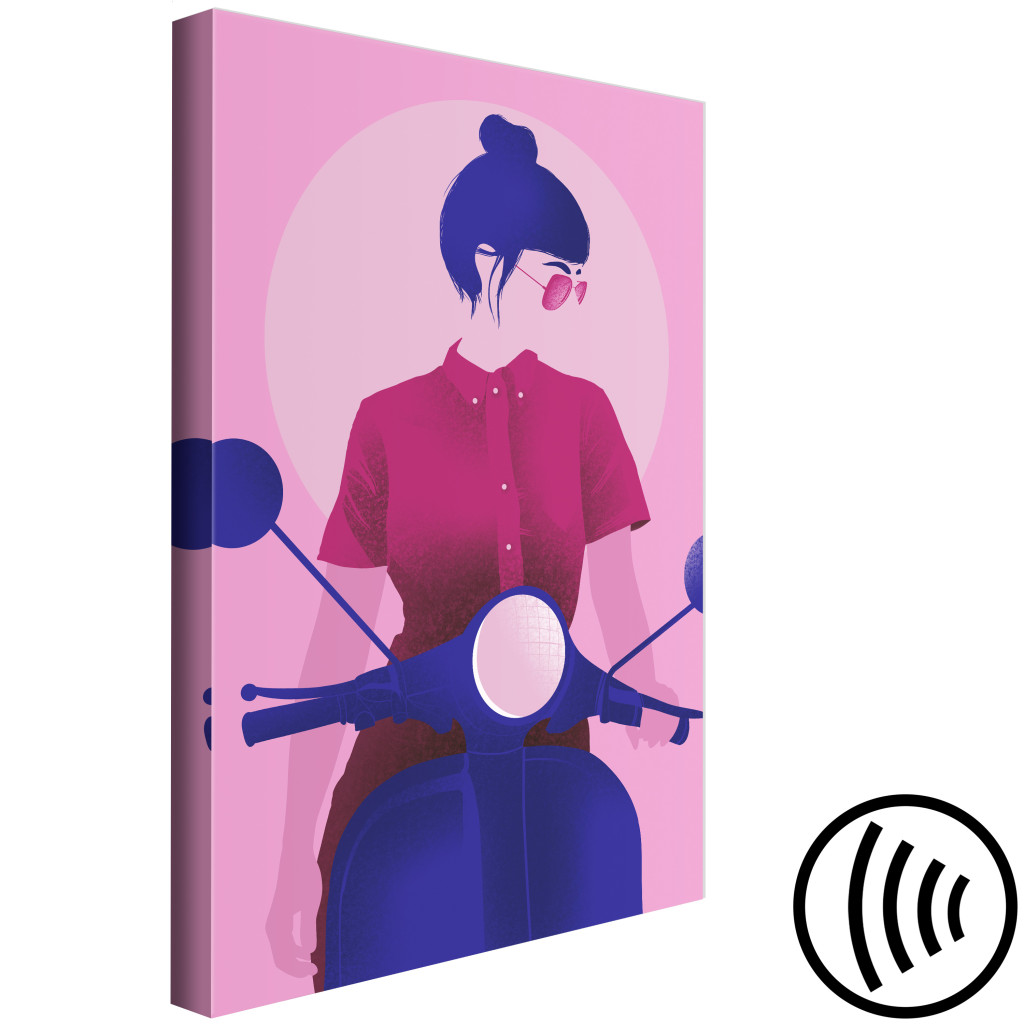 Schilderij  Vrouwen: Persoon Op De Motor (1-delig) - Vrouwelijke Silhouet Op Een Roze Achtergrond