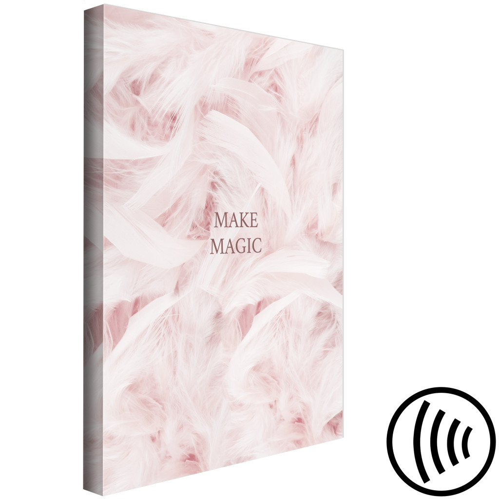 Obraz Brązowy Napis Make Magic - Abstrakcja Z Różowymi Piórkami W Tle