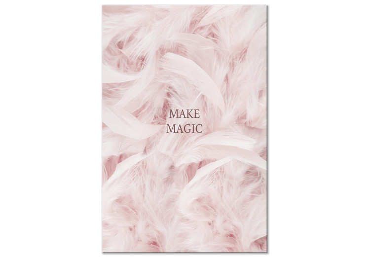Quadro contemporaneo Scritta marrone Make magic - astrazione con piume rosa sullo sfondo 136453