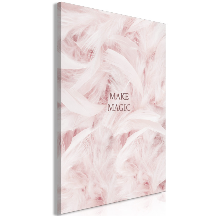 Quadro contemporaneo Scritta marrone Make magic - astrazione con piume rosa sullo sfondo 136453 additionalImage 2