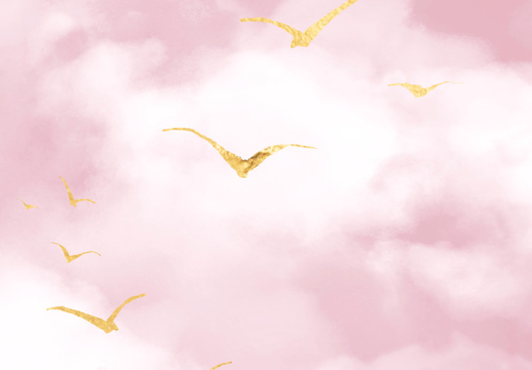 Carta da parati Cielo pastello - nuvole sul cielo in tonalità del rosa cipria con uccelli dorati minimalisti 138253 additionalImage 3