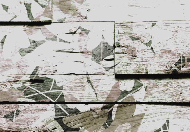 Fototapeta Wzorzyste deski - deseń w motyw roślinny z beżowymi liśćmi na drewnie 144653 additionalImage 3