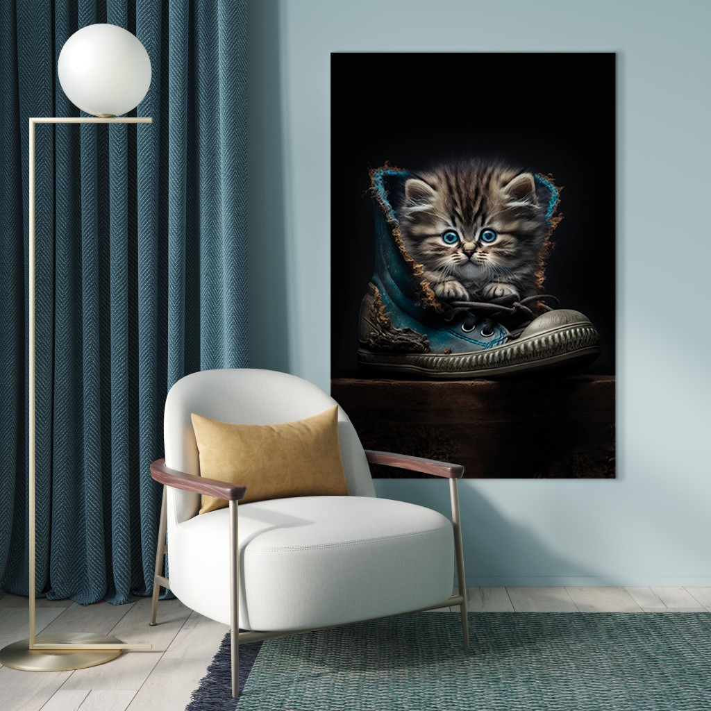 Quadro Em Tela AI Maine Coon Cat - Tiny Blue-Eyed Animal In A Shoe - Vertical