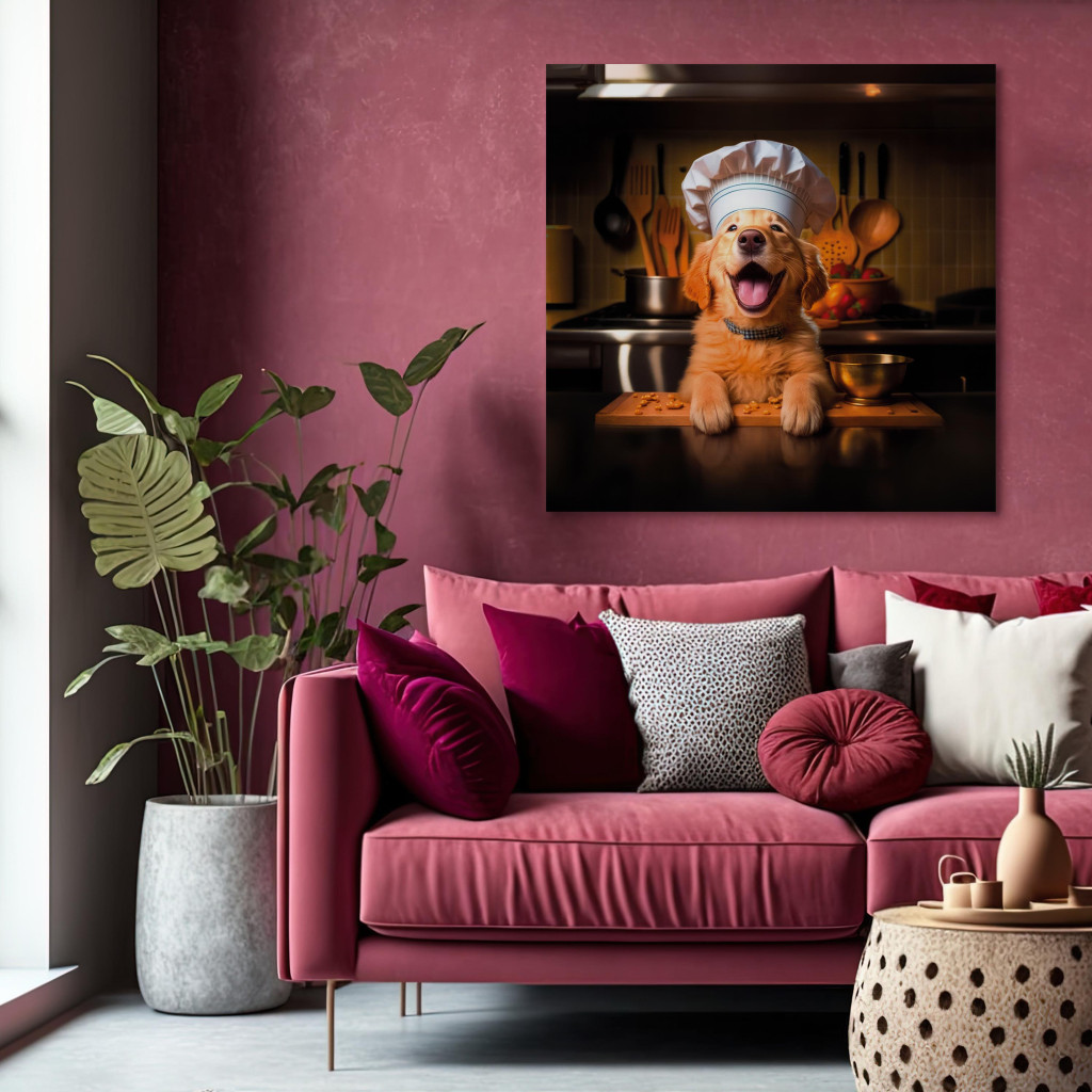 Obraz AI Pies Golden Retriever - Wesoły Zwierzak W Roli Kucharza - Kwadratowy