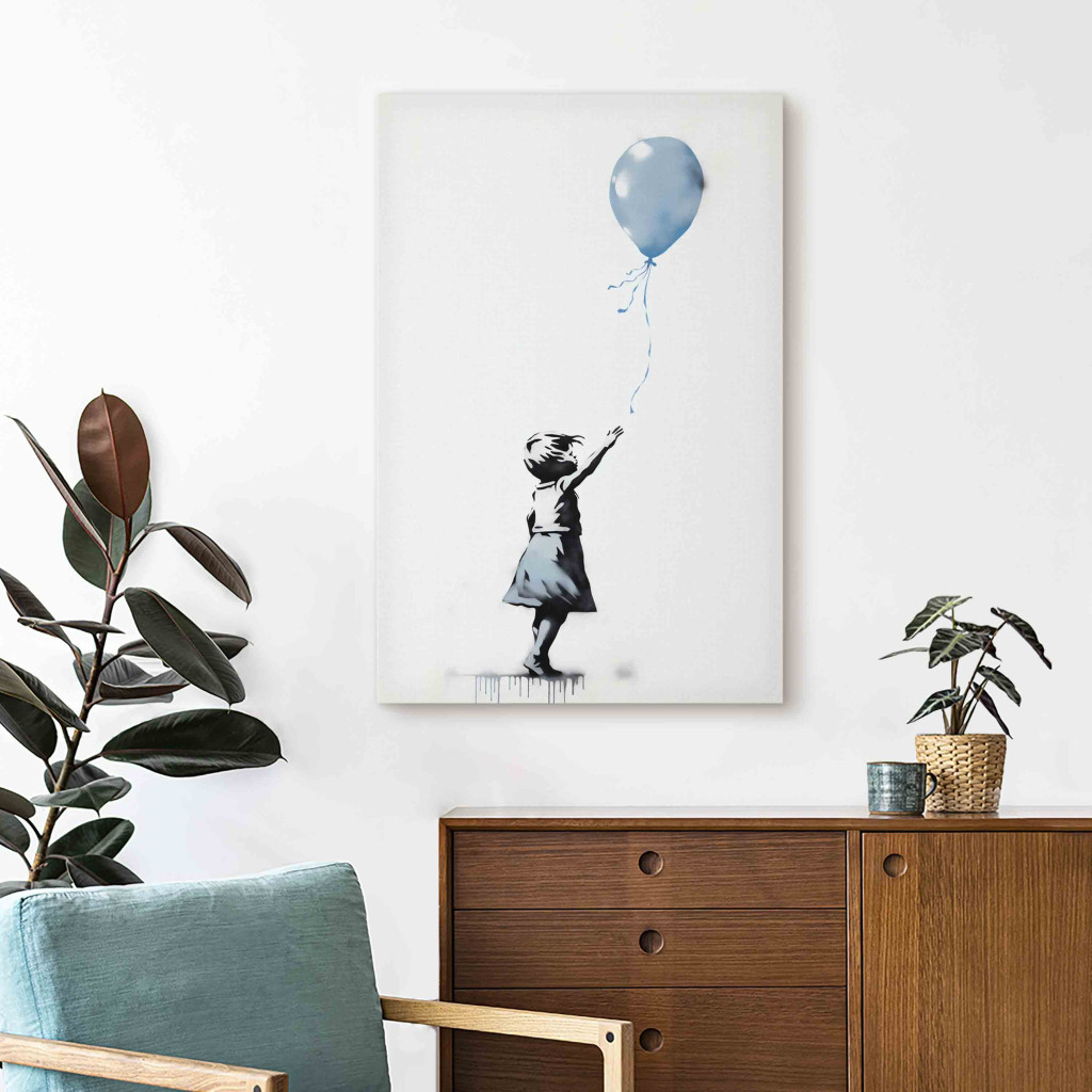 Canvastavla Blue Balloon - A Girl’s Figure On Banksy-Style Graffiti