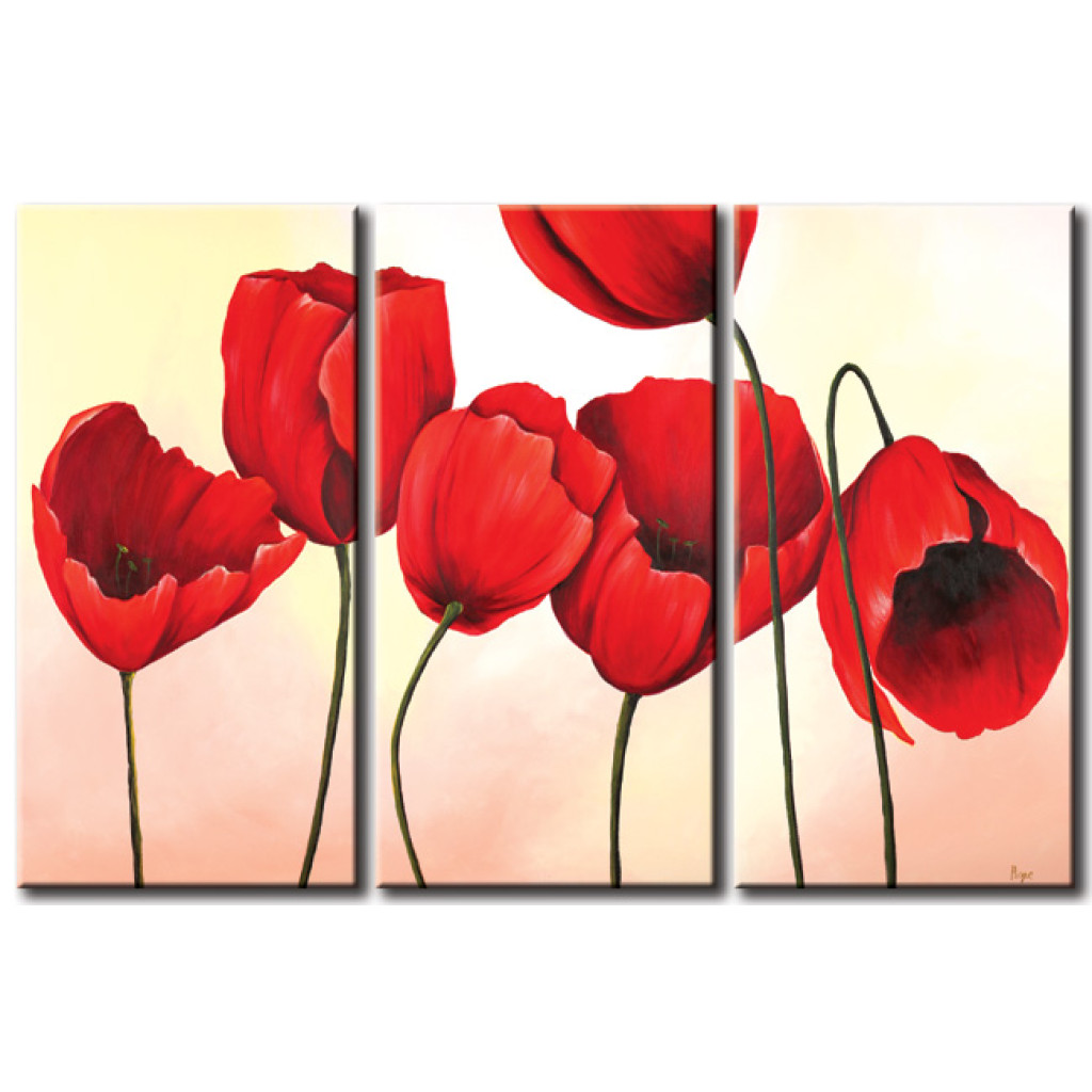 Schilderij  Tulpen: Rode Bloemen (3-delig) - Compositie Van Tulpen Op Een Pastelkleurige Achtergrond