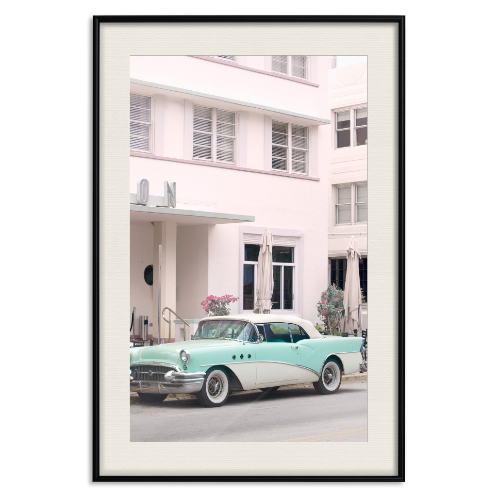 Muur Posters Retro Style - Sunny Street In A Pink Glow And A Car
