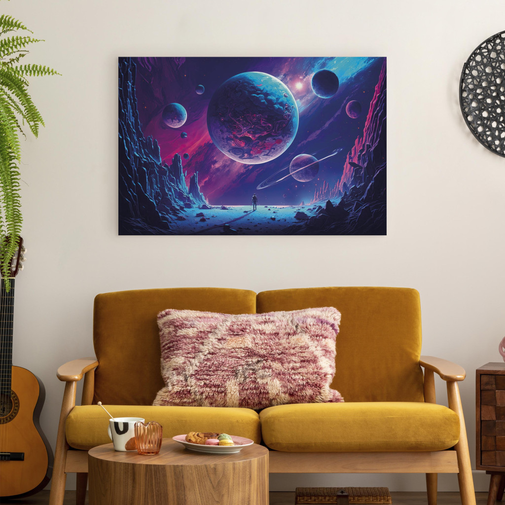 Schilderij  Abstract: Celestial Spheres - A Man In Space Against The Background Of Planets From An Alien Galaxy